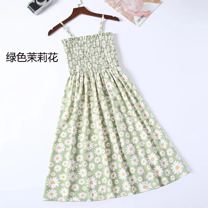 ฤดูร้อนมินิเดรสแฟชั่นหญิง Elastic High เอว Casual สปาเก็ตตี้สายคล้องคอผู้หญิงชุดชีฟอง Vestidos