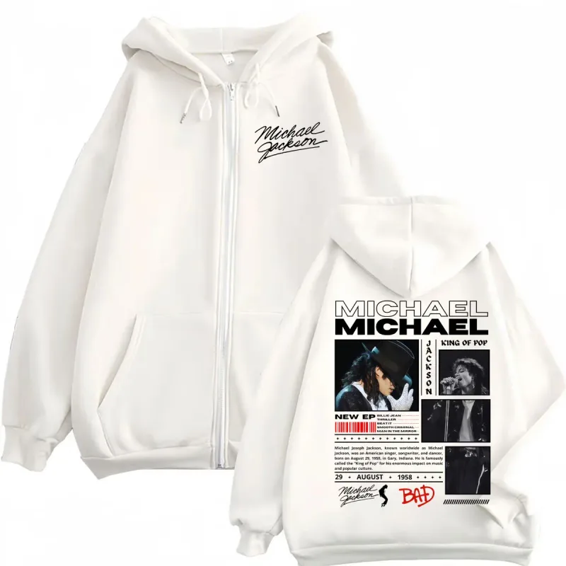 Penyanyi Michael Jackson Klasik Ritsleting Hoodie Rock Fashion Vintage Zip Up Pullover Pria Wanita Kasual Lengan Panjang Kaus