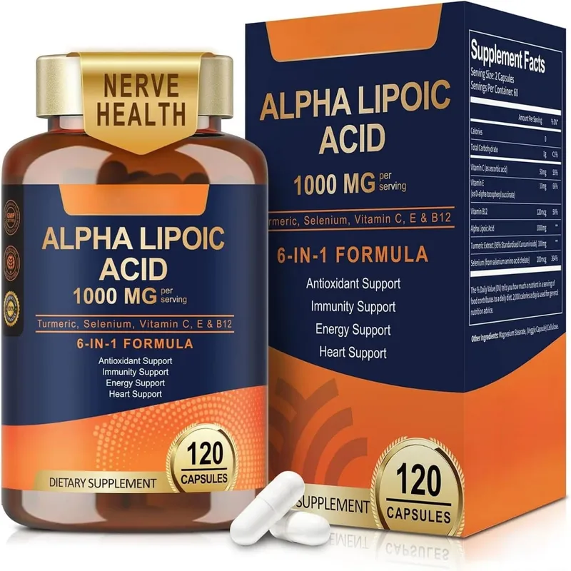 Alpha Lipoic Acid 6-in-1 Formula 1000mg Turmeric Selenium Vitamins C E B12 120 Veggie Capsules for Daily Wellness Support