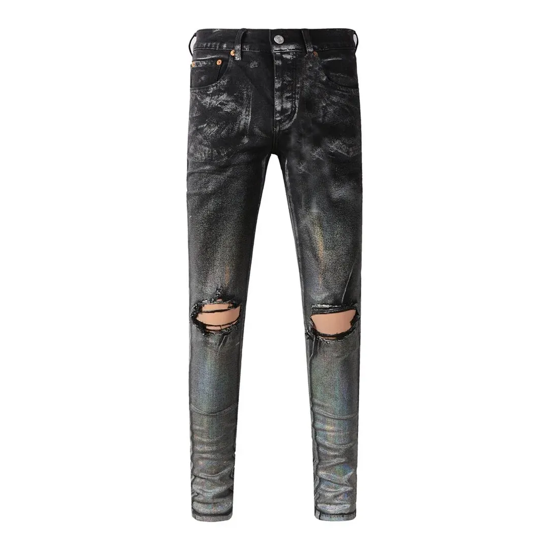 High Street Brand Men's Jeans American Distressed Coated Blank Stretch Skinny Button Fly Ripped Pants Trousers