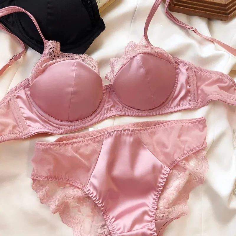 Lace satin thin section of large breasts show small gathered lingerie soft steel ring underwear set women sweet bra