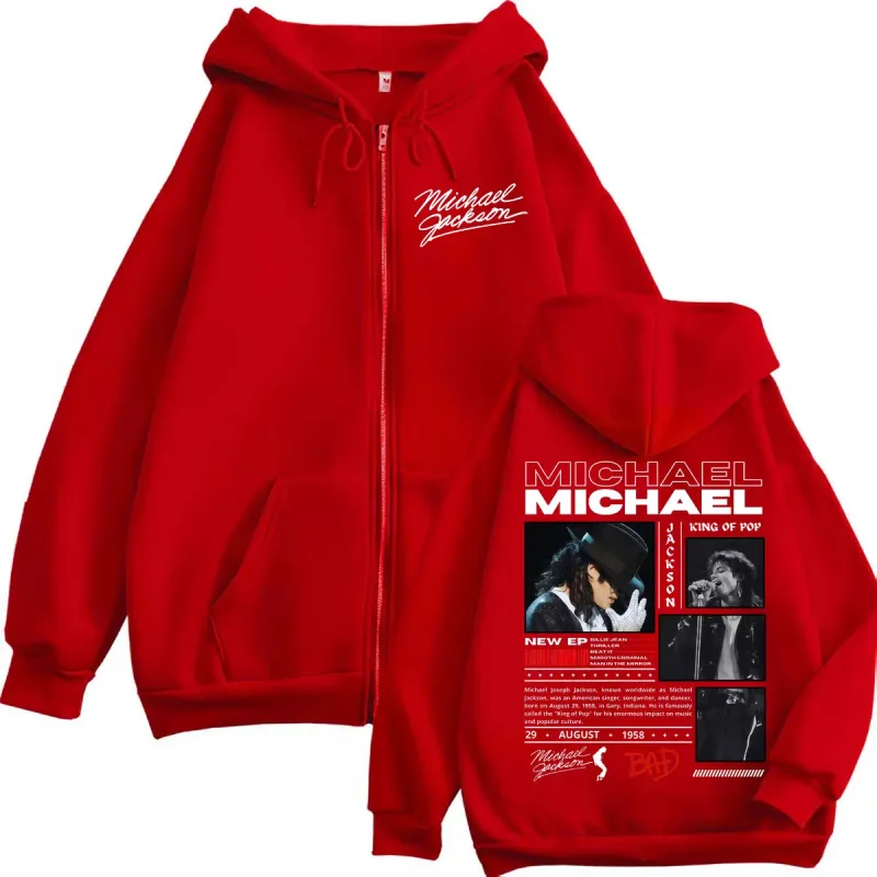Penyanyi Michael Jackson Klasik Ritsleting Hoodie Rock Fashion Vintage Zip Up Pullover Pria Wanita Kasual Lengan Panjang Kaus — image 4
