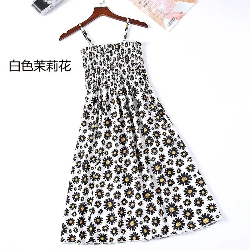 ฤดูร้อนมินิเดรสแฟชั่นหญิง Elastic High เอว Casual สปาเก็ตตี้สายคล้องคอผู้หญิงชุดชีฟอง Vestidos