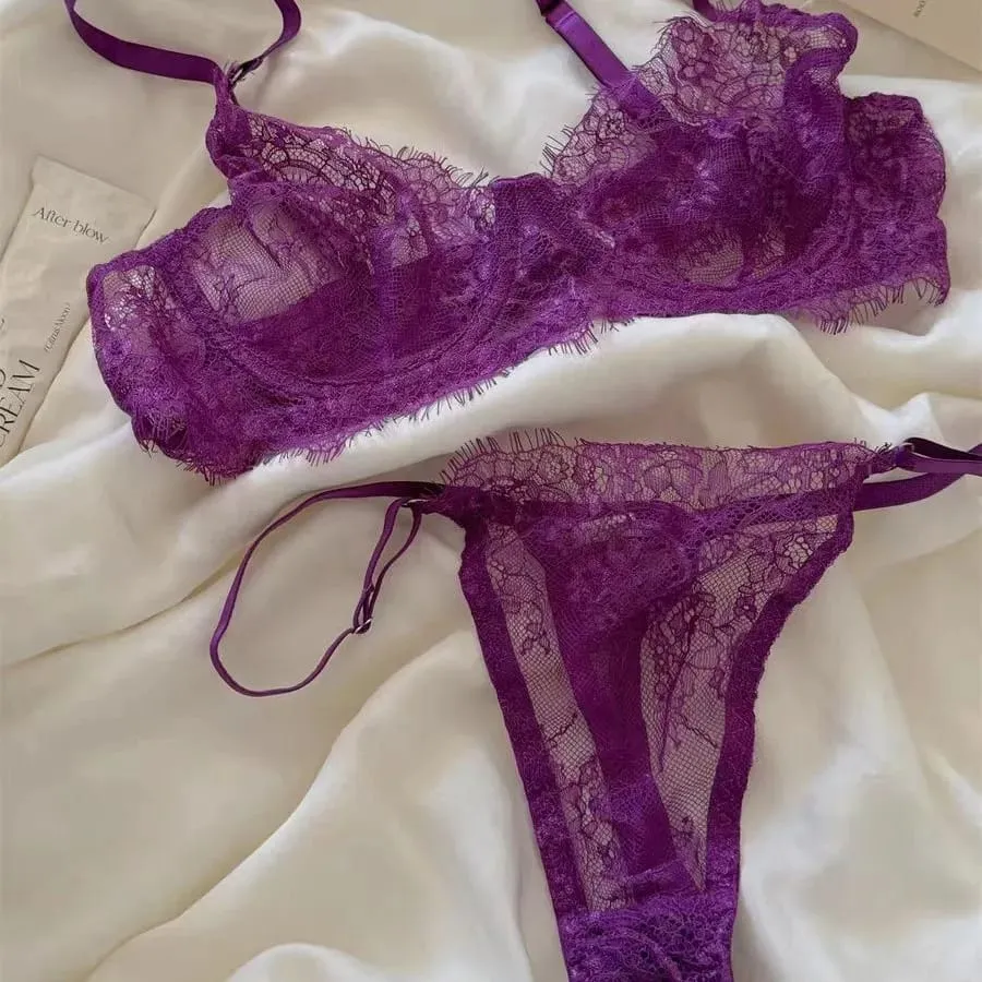 Sheer Lace Lingerie Set Women Floral Pattern Thin Straps Romantic Underwear