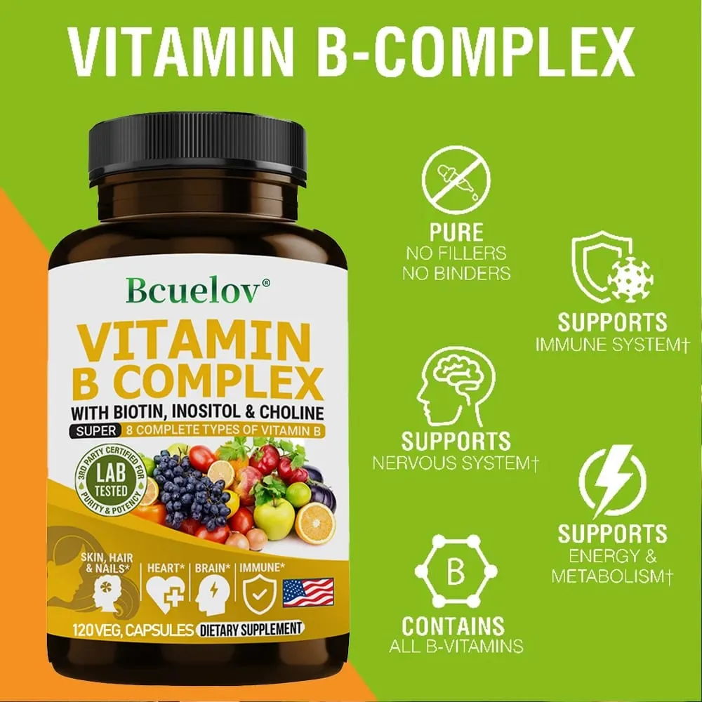 Vitamin B Complex - B1 B2 B3 B5 B6 B7 B9 B12 Biotin Choline Niacin - Brain Skin Hair Nervous System Immunity Metabolism