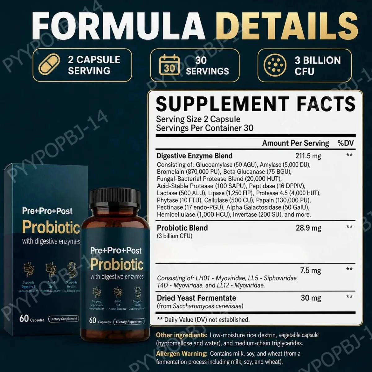 Premium 4-in-1 Probiotic Prebiotic Postbiotic Digestive Enzymes for Men&Women Supports Gut Digestion Immunity 60 Capsules