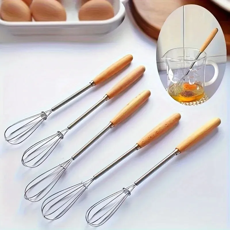 Whisk with Solid Wood Handle Kitchen Mini Stainless Steel Egg Beater Milk Whipper Whisk Wire for Blending Beating — image 7