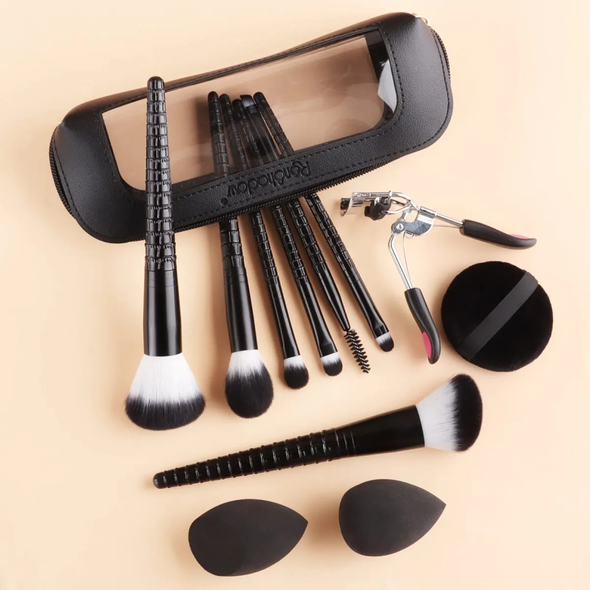 12Pcs Complete Makeup Tool Kit 7 Makeup Brushes 2 Beauty Sponges Eyelash Curler Powder Puff Storage Bag Full Cosmetic Set — image 1