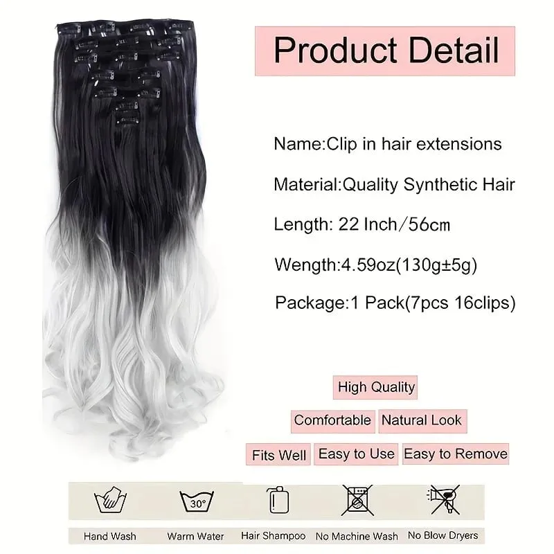Clip in Long Wavy Synthetic Hair Extension 22 Inch Black 7PCS Thick Hairpieces Fiber Double Weft Hair for Women