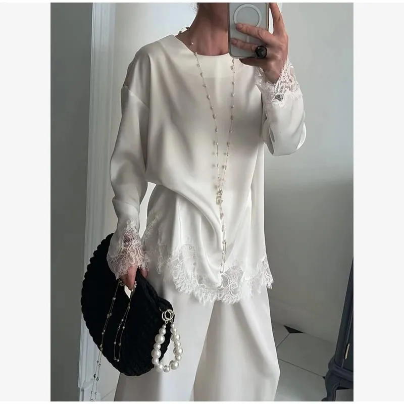 Kvinder Lyseblå Blonder Satin Rund Hals Kjole Elegant Side Slips Langærmet Blød Kort Kjole 2026 Daglig Ferie Fest Solkjole