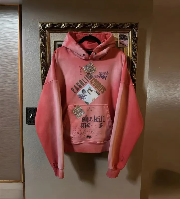 Autumn Winter New PH Hand-beading Print Vintage Washed High Street Casual Loose Cotton Versatile Hoodie Trendy Sports Top Men