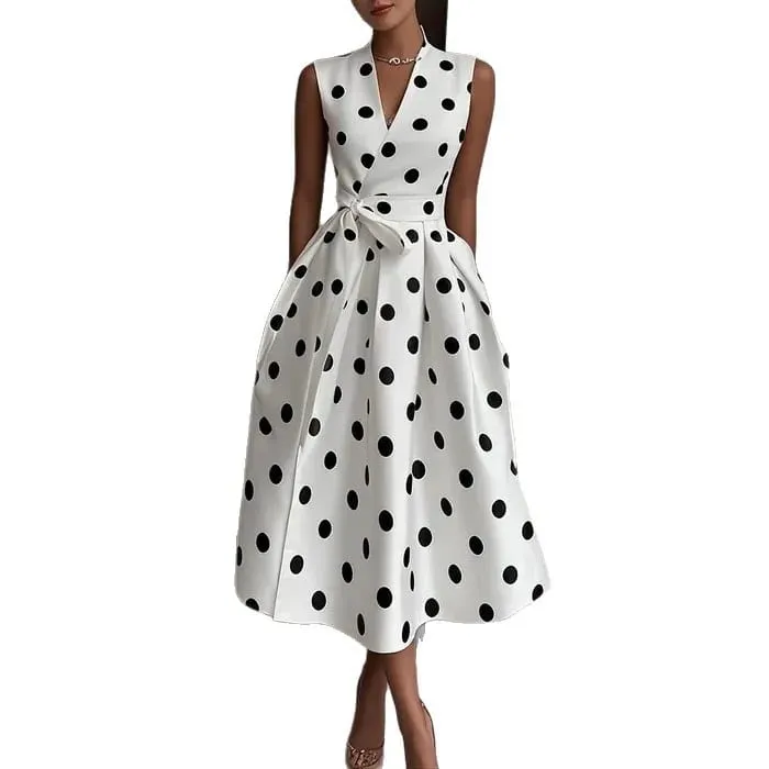 French Polka Dot Dress 2025 Summer Retro New Style Elegant Waist-cinching Dress for Women Sleeveless V-Neck Lace-up Dress — image 2