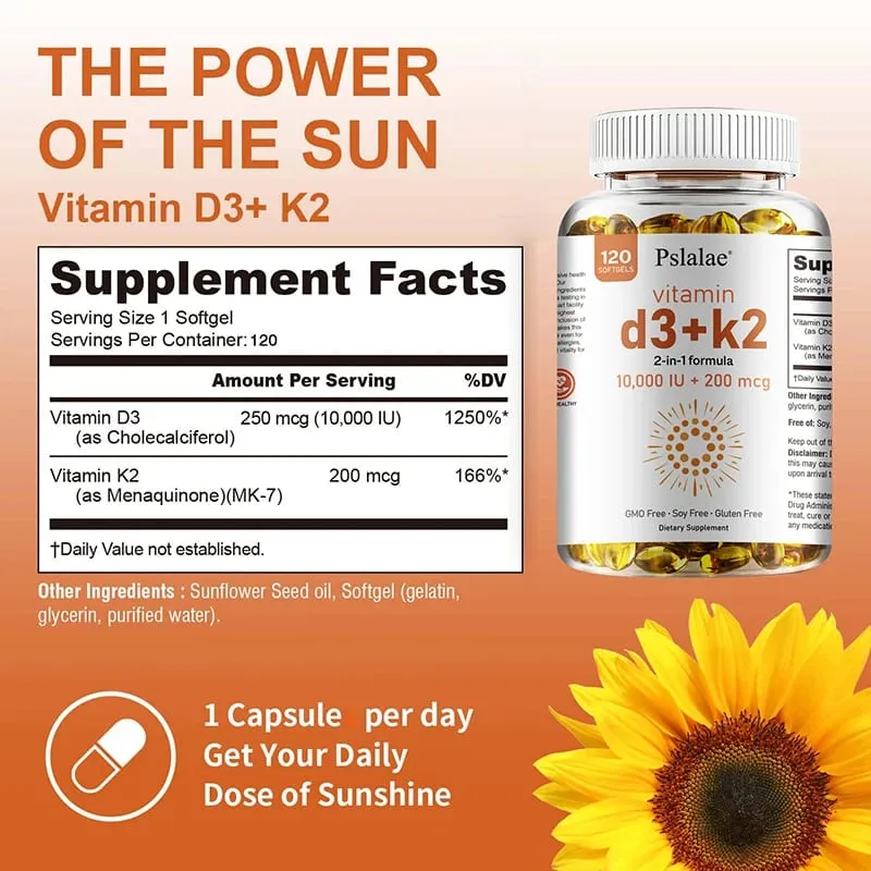 Vitamin D3 10000 IU with K2 200 Mcg | 2 in 1 Support Immune Heart Joint Teeth & Bone Health