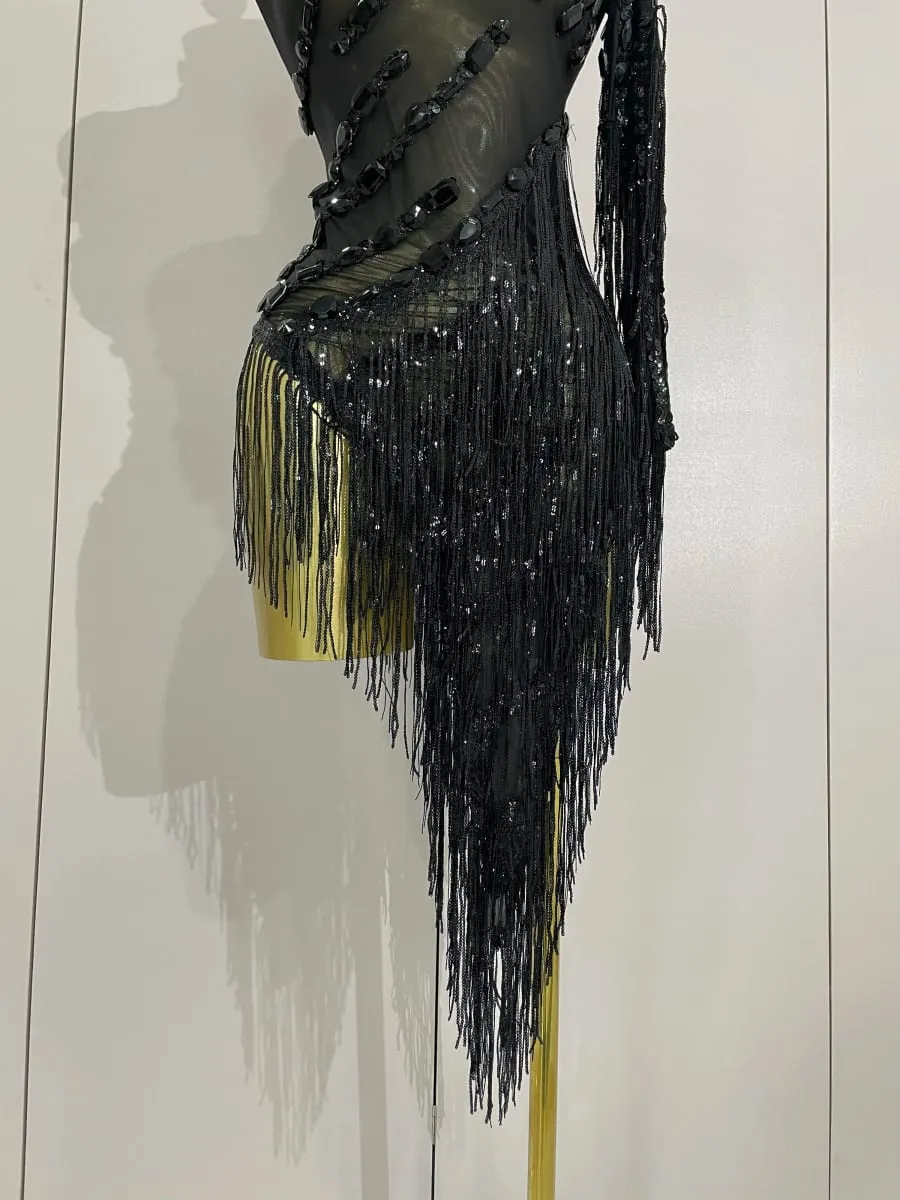 New Sparkly Rhinestones Tassel Sexy See-Through Dress Women One Shoulder Latin Dance Outfits Bars Nightclub Party Stage Costume