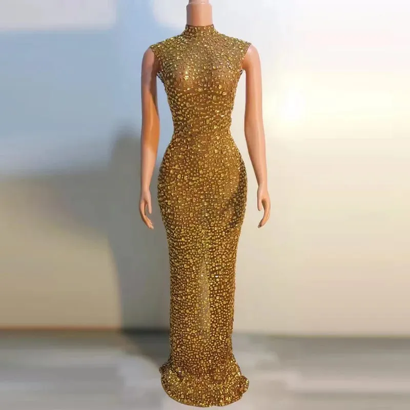Elegantní luxusní křišťálové společenské šaty Slavnostní narozeninové šaty Nevěsta Diamantové dlouhé plesové šaty Matka Slavnostní slavnostní šaty