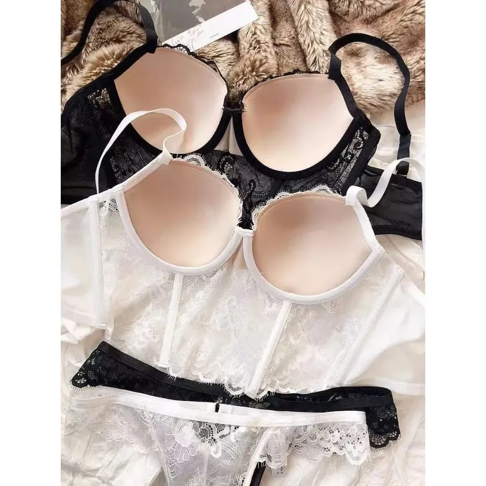 Women French Lace Fishbone Bra Soft Underwire 3/4 Cup Push‑Up Anti Sag Lingerie Slim Side Boob Control Sexy Ladies Underwear