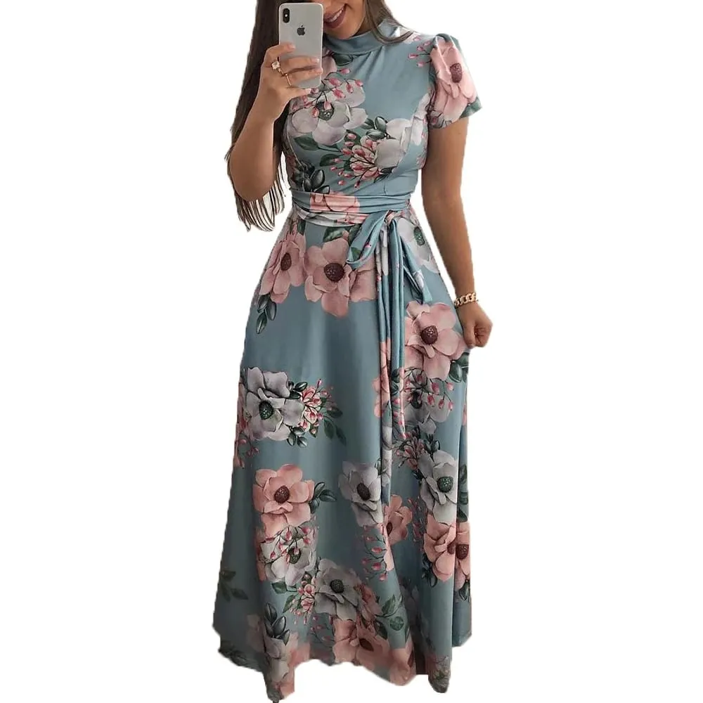 Women's Floral Print Summer Dress - 2025 New Boho A-Line Swing Dress with Short Sleeves High Waist Flowy Maxi Dress for Beach & — image 6