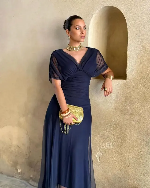 Kvinder Solid Dyb V-hals Mesh Lang Kjole Elegant Puff Kortærmet Rynket Talje Høj Vestidos 2026 Summer Lady Casual Street Robe