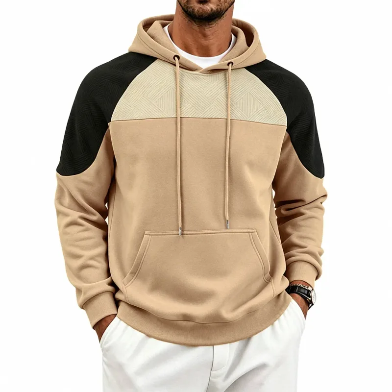 Men Patchwork Color Block Pullover Hoodie Drawstring Kangaroo Pocket Long Sleeve Loose Sweatshirt Autumn Winter Streetwear Tops