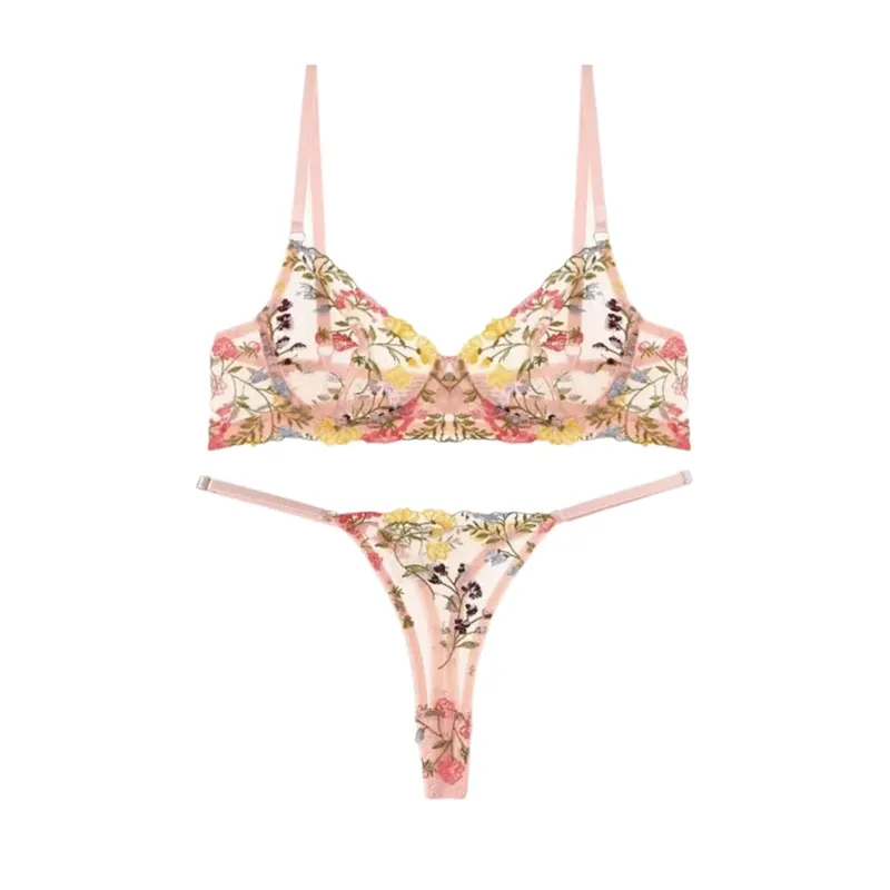 Versatile Transparent Lingerie Set Push Up Ultra-thin Embroidery Floral Underwear Elegant Bra Suit Women