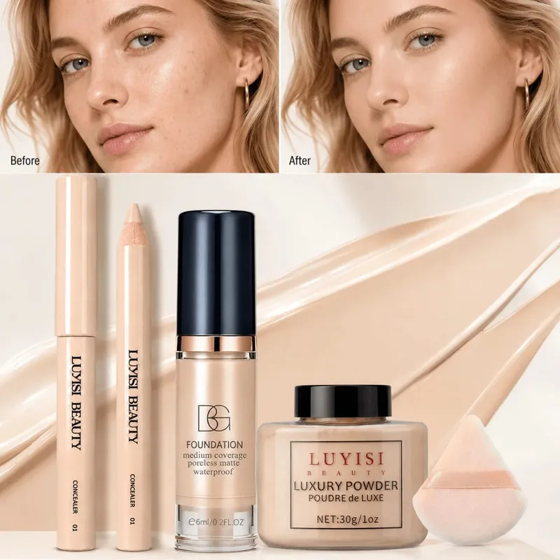 4pcs Facial Makeup Set:1PC Concealer Pen+1PC Foundation+1PC Loose Powder+1PC Puff Flawless Waterproof Long-Lasting Natural