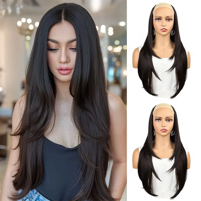 Long Straight Clip-in Hair Extensions Synthetic U Part Hairpieces for Women 22 Inch Gorgeous Fluffy Layer Wigs Party Daily Use