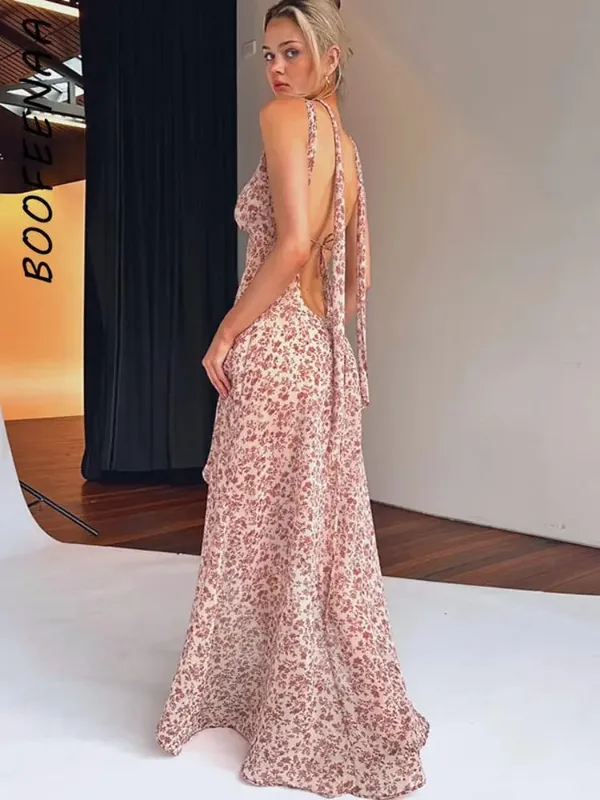 Sexy Asymmetrical Halter Backless Long Dresses Floral Print Chiffon Beach Vacation Summer Dress Womens 2023 C15-CI16 — image 2