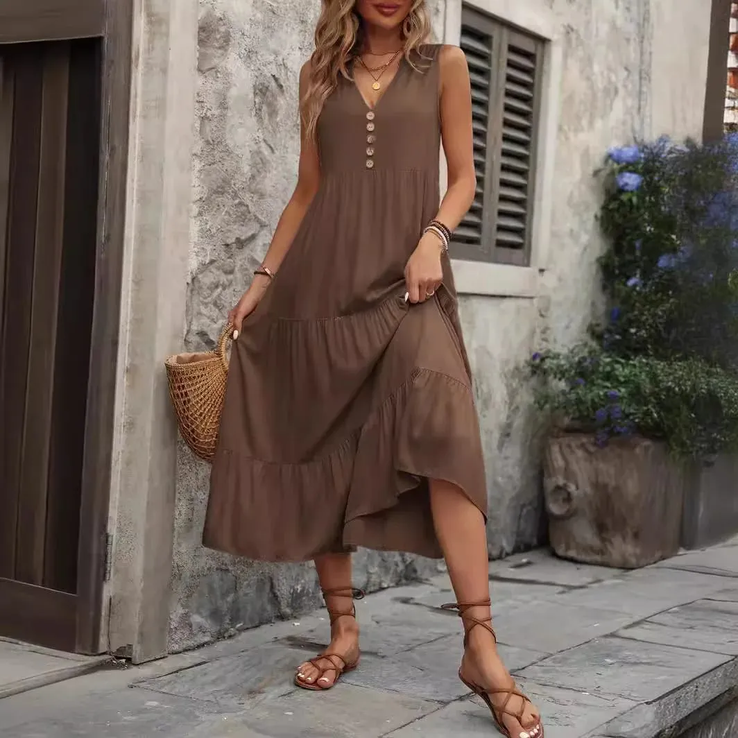 Casual Summer Midi Dress Women Sleeveless Tank V-Neck Buttons Ruffle Loose Dresses Beach Soild Sundress New Fashion Ladies Dress — image 6