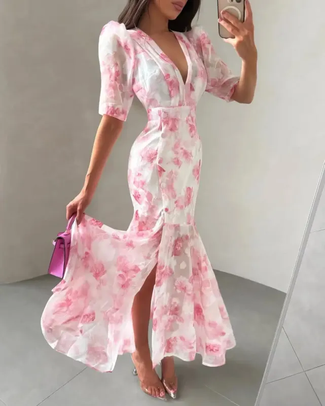 Gaun Panjang Kerah V Motif Wanita Gaun Maxi Slim Fit Pinggang Tinggi Tepi Daun Teratai Lengan Menyala Gaun Pesta Malam Elegan Wanita