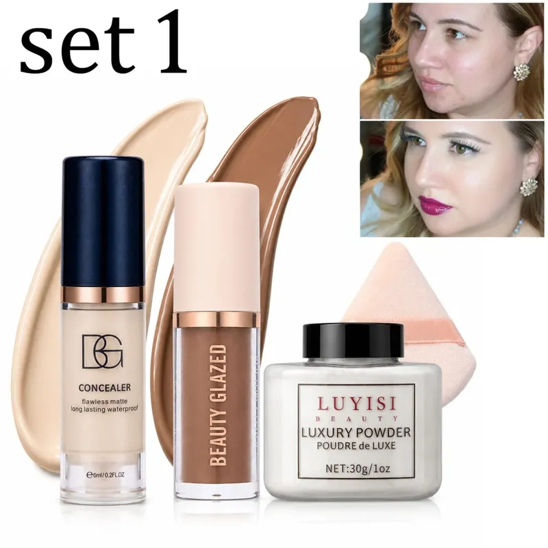 4pcs/Set:Concealer Contour Loose Powder&Puff Full Face Sculpting&Setting Kit Waterproof Long-Lasting Matte Effect Oil-Control.