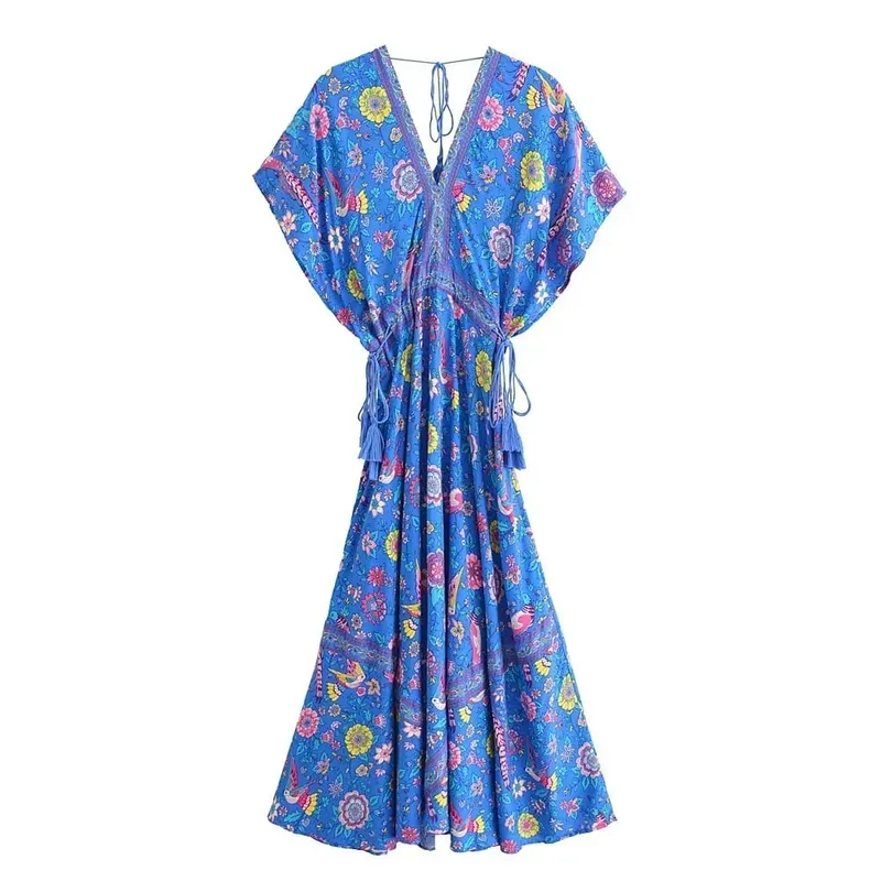 Boho Queens Mulheres Pavão Floral Impressão Manga Morcego Praia Boêmio Maxi Vestidos Senhoras V Neck Tassel Vestido de Verão