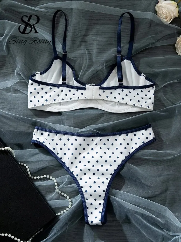 Set di biancheria intima con stampa a pois francesi Reggiseno con ferretto con cinturino da donna + slip dolci Hotsweet Biancheria intima vintage 2 pezzi