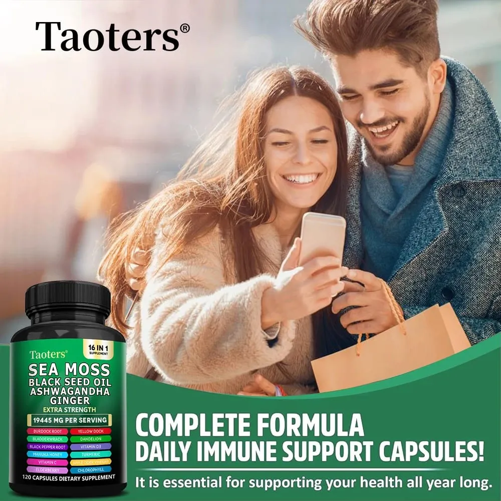 Voedingssupplement met zeemos, zwarte zaadolie, Ashwagandha en gember - helpt de gezondheid van de huid, ondersteunt het immuunsysteem en verbetert de slaap en het humeur