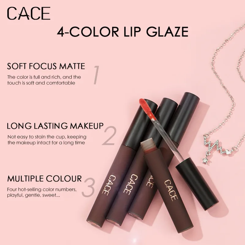 4 Pcs Matte Liquid Lipstick Makeup Sets Sexy Red Lipgloss Tint Lasting Waterproof Lip Stain Gloss Cosmetics With Necklace