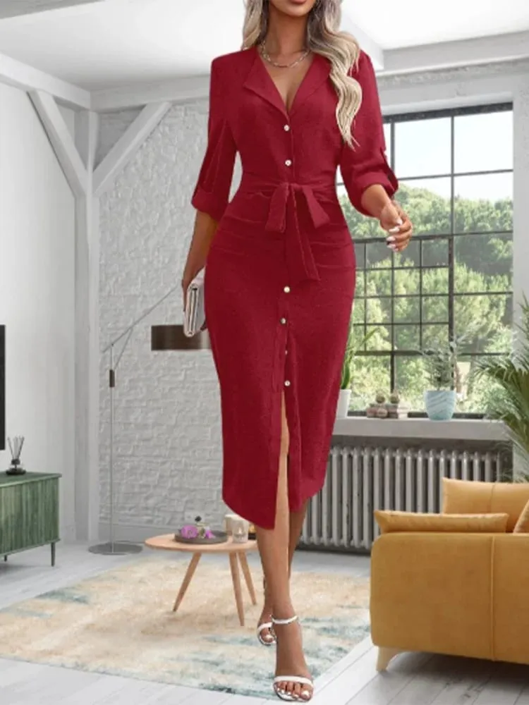 Office Lady V-neck Solid Color Shirts Style Dress Women's Long Sleeved Button Lace Up Dress Elegant Autumn Spring Dresses