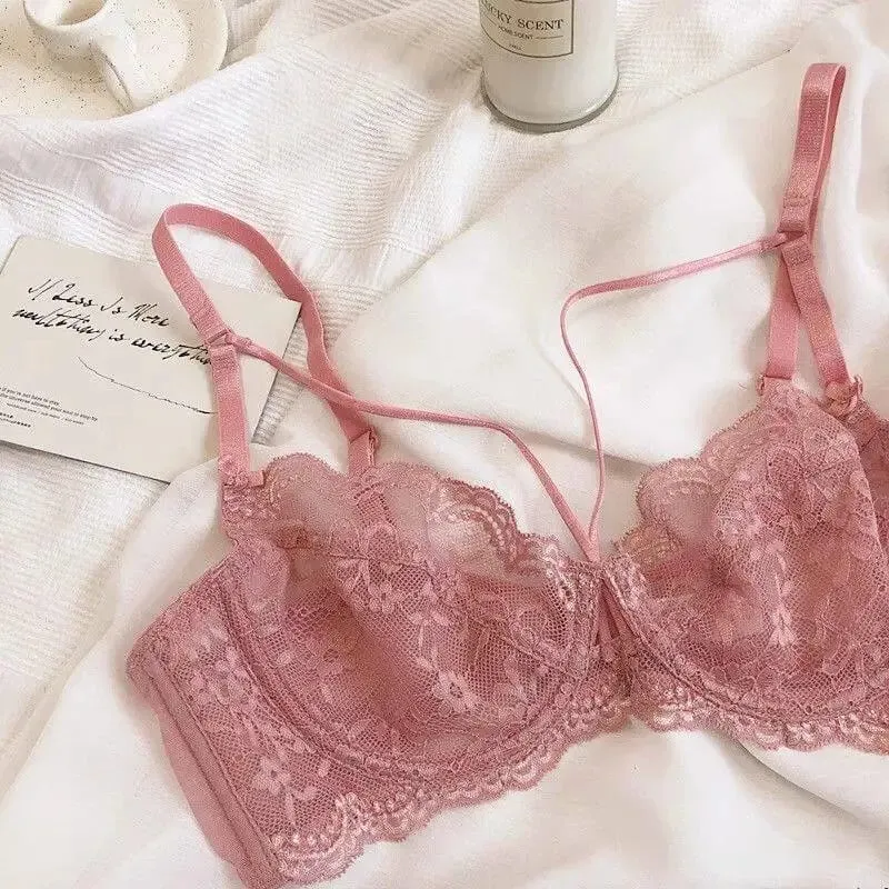 Women's Ultra-Thin Lace Lingerie Set Soft Wire Bra with Push-Up Support Designed to Minimize Bust Appearance and Prevent Sagging