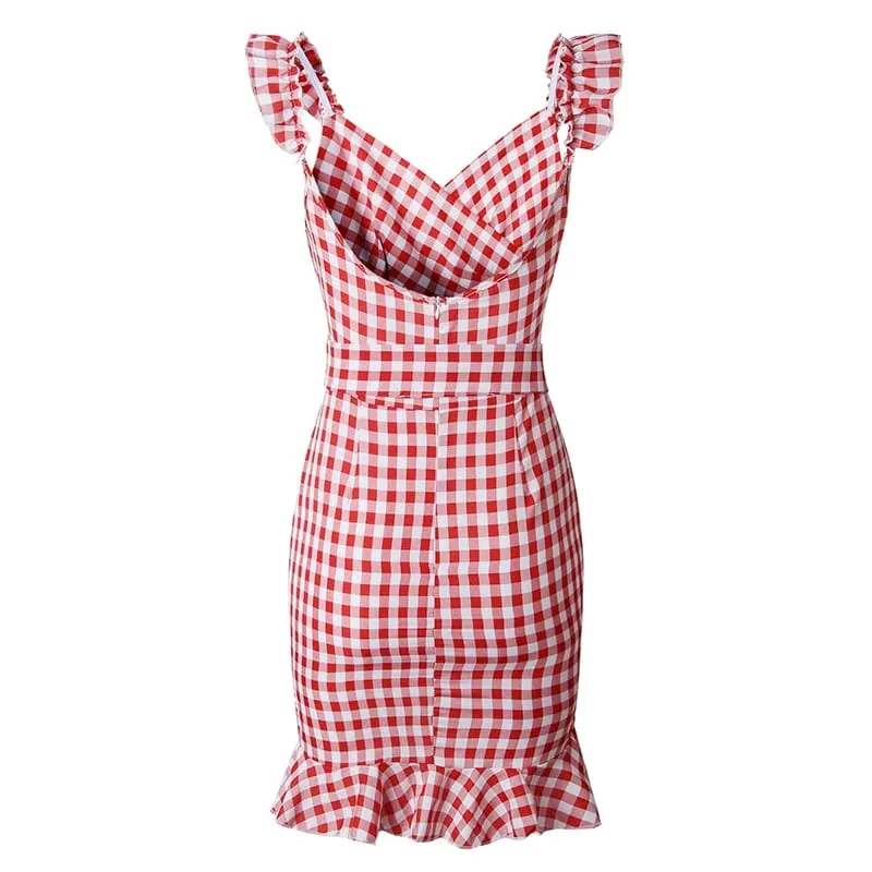 Customizable Plaid Lace Up Bodycon Dress Women Ruffles Summer Dress Off Shoulder V Neck Backless Irregular Bow Tie Dresses