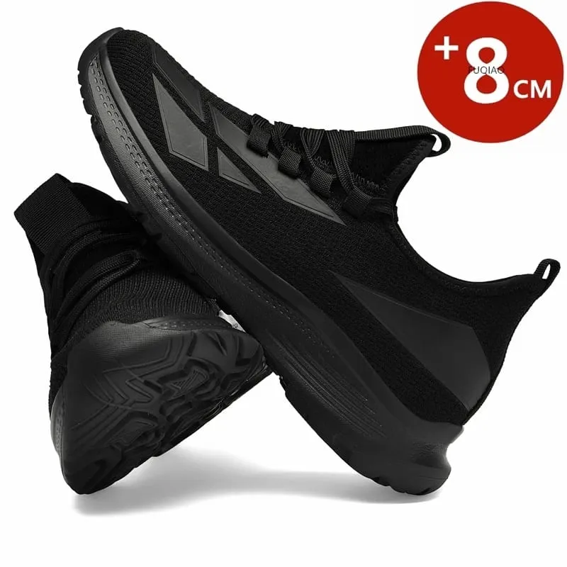 Men All Black Breathable Mesh Elevator Shoes 8Cm Invisible Height Increase Non Slip Casual Sports Daily Walking Workout Sneakers