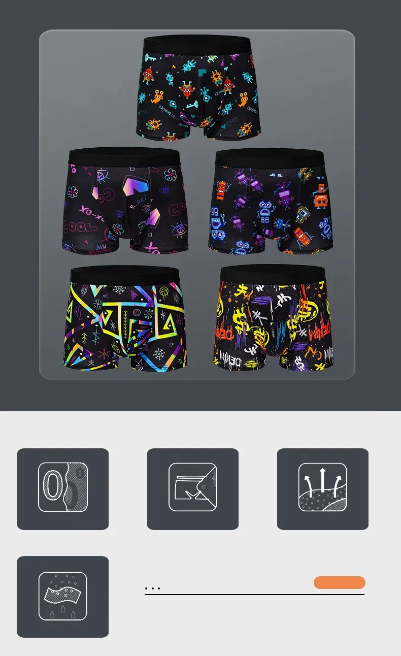 5-pcs Men's trendy graffiti, pixel, cyberpunk print boxer underwear, comfortable and casual and fashionable boxer
