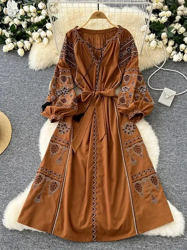 Vestido de estilo étnico Retro bohemio para mujer, vestido largo ceñido en la cintura con encaje bordado y mangas abullonadas, A155