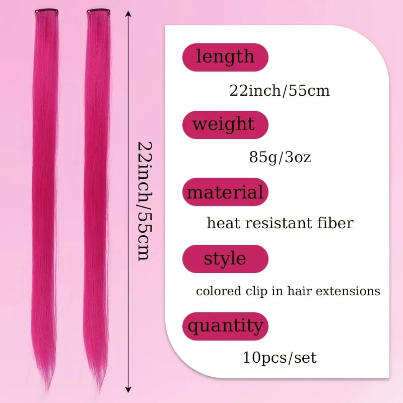 10Pcs Synthetic Colored Clip in Hair Extensions Hairpiece Party Highlights Straight Hair wig for Girls Kids Christmas Party Use