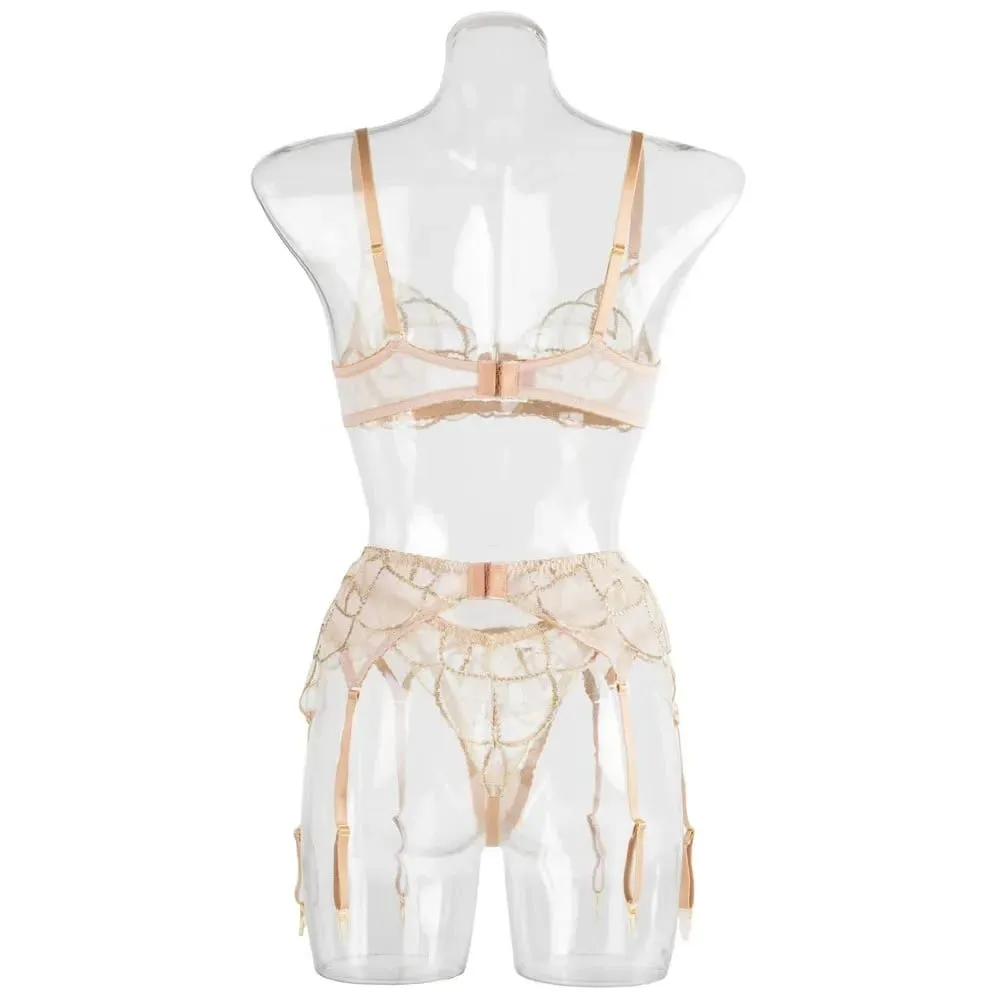 Champagne gold lingerie set fashionable French style bra and garter stockings