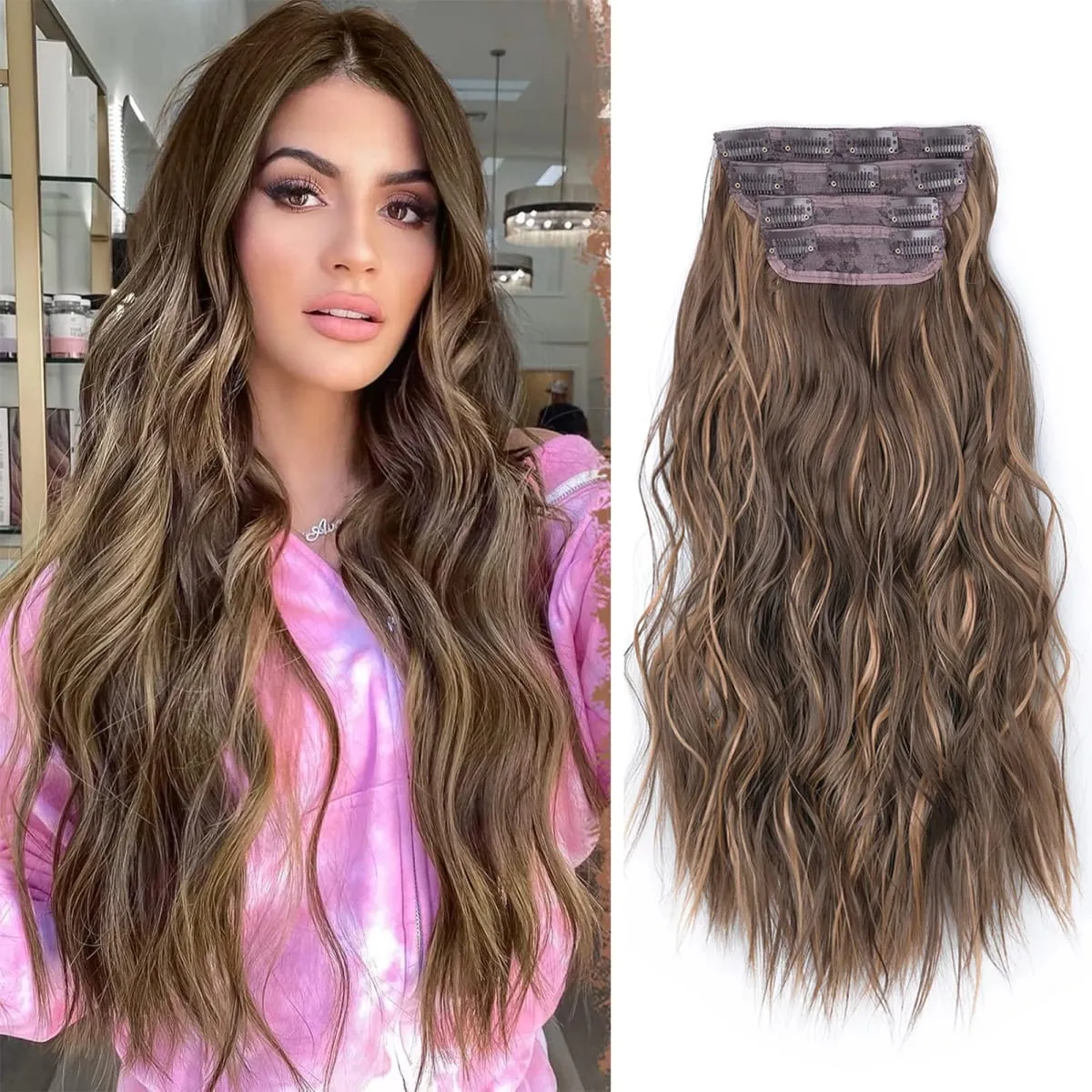 linwan Clip In Hair Extensions 4 PCS Full Head 20 Inch Long Curly Wavy Synthetic Hair Pieces Natural Wavy For Women Girls Hair