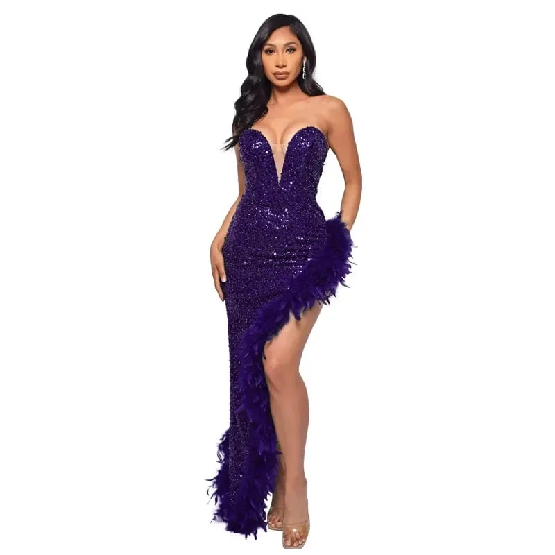 CM.YAYA Women Sequined Strapless Feather High Side Split Strapless Bodycon Midi Maxi Dress Sexy Club Even Party Dresses Vestidos