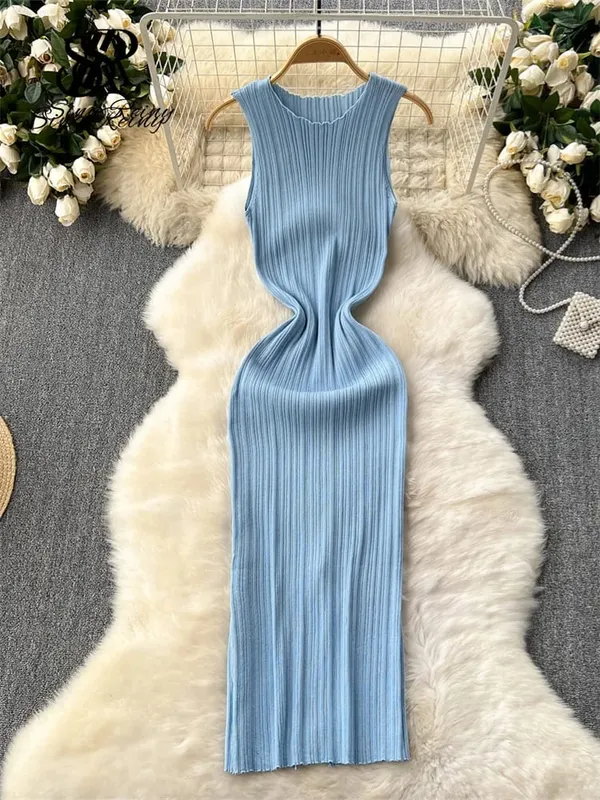 Women Sheath Long Dress O Neck Sleeveless Solid Pleated Knit Elastic Fashion Elegant Stiped Retro Sexy Bodycon Dress — image 9