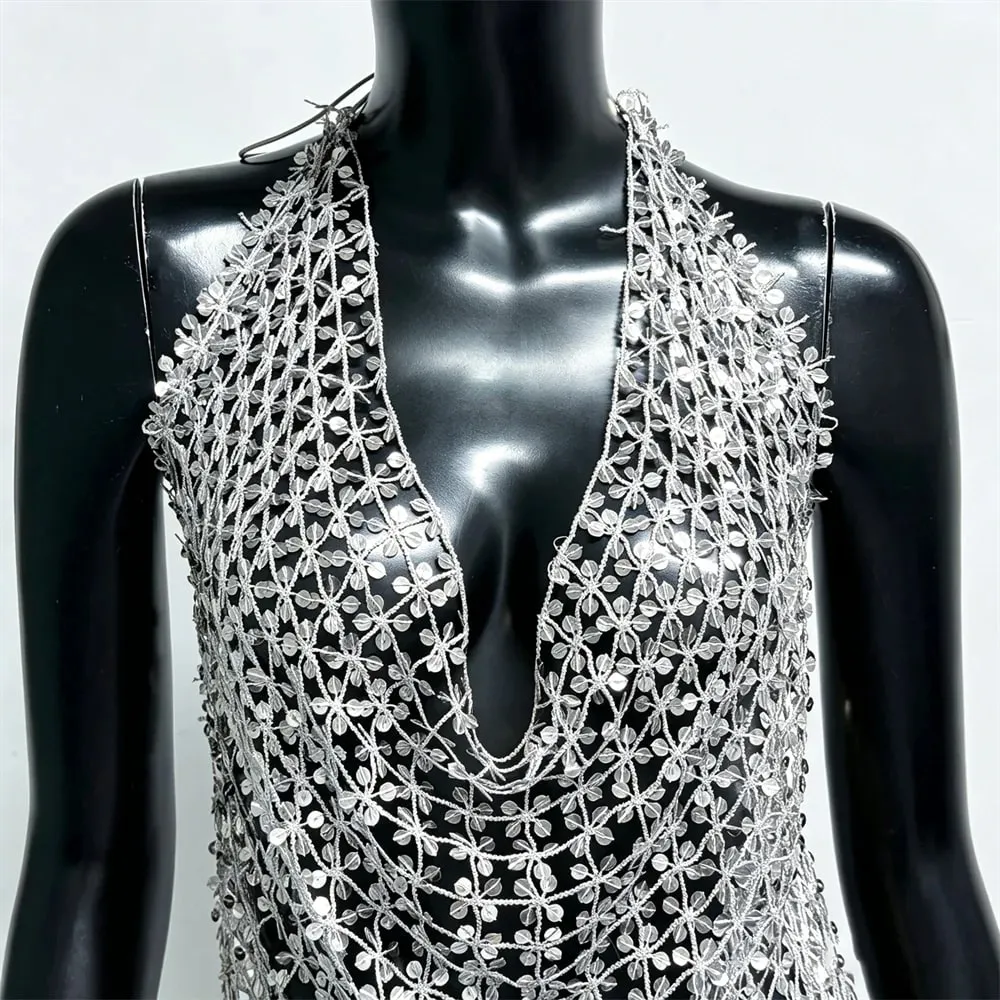 Women Shiny Acrylic Sequins Hollow Tank Top Sexy Deep V Neck Backless Halter Neck See Through Cover Up Camisole Beach Party Tops
