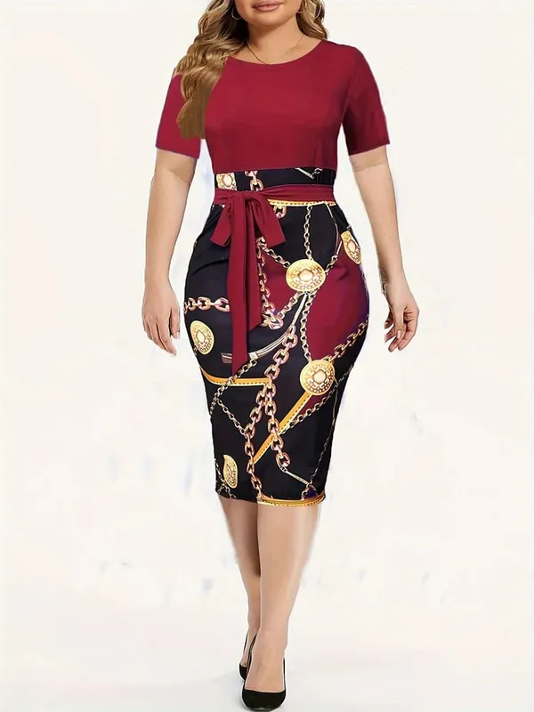 Commuter wrap-around dress Women's Colorblock Chain Print Short Sleeve Round Neck Slight Stretch Slim Fit Mini Dress With Belt