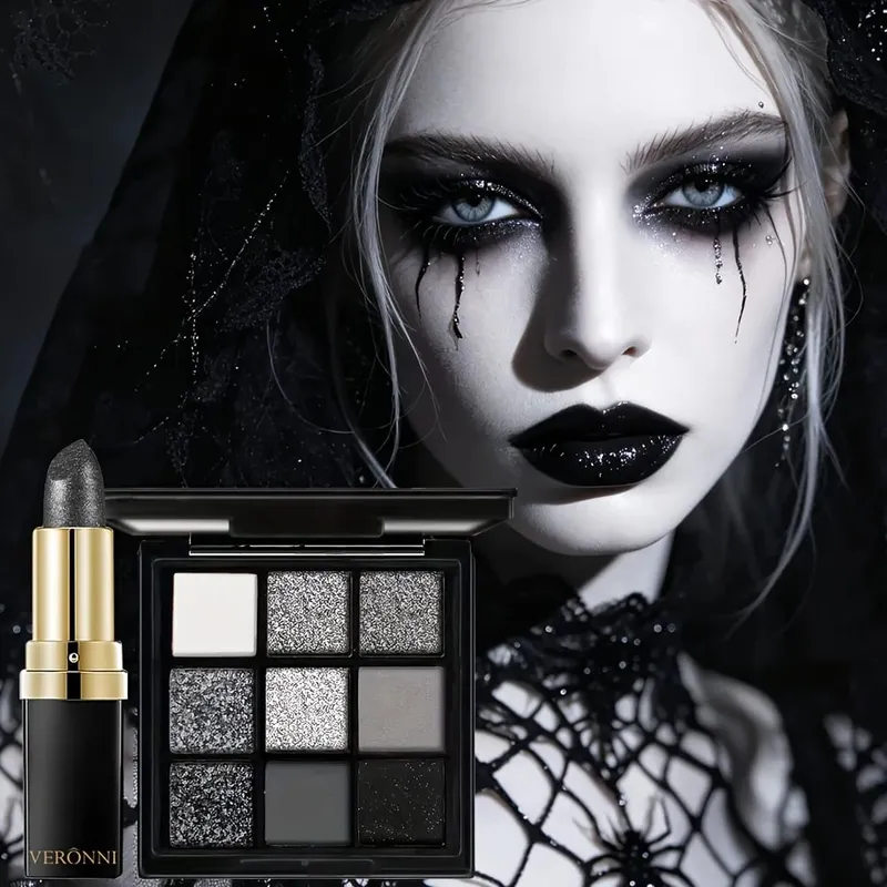 5pcs Halloween Dark Special Effects Makeup Set White Foundation Black Eyeshadow Black Lipstick Mascara & Makeup Brush for Party