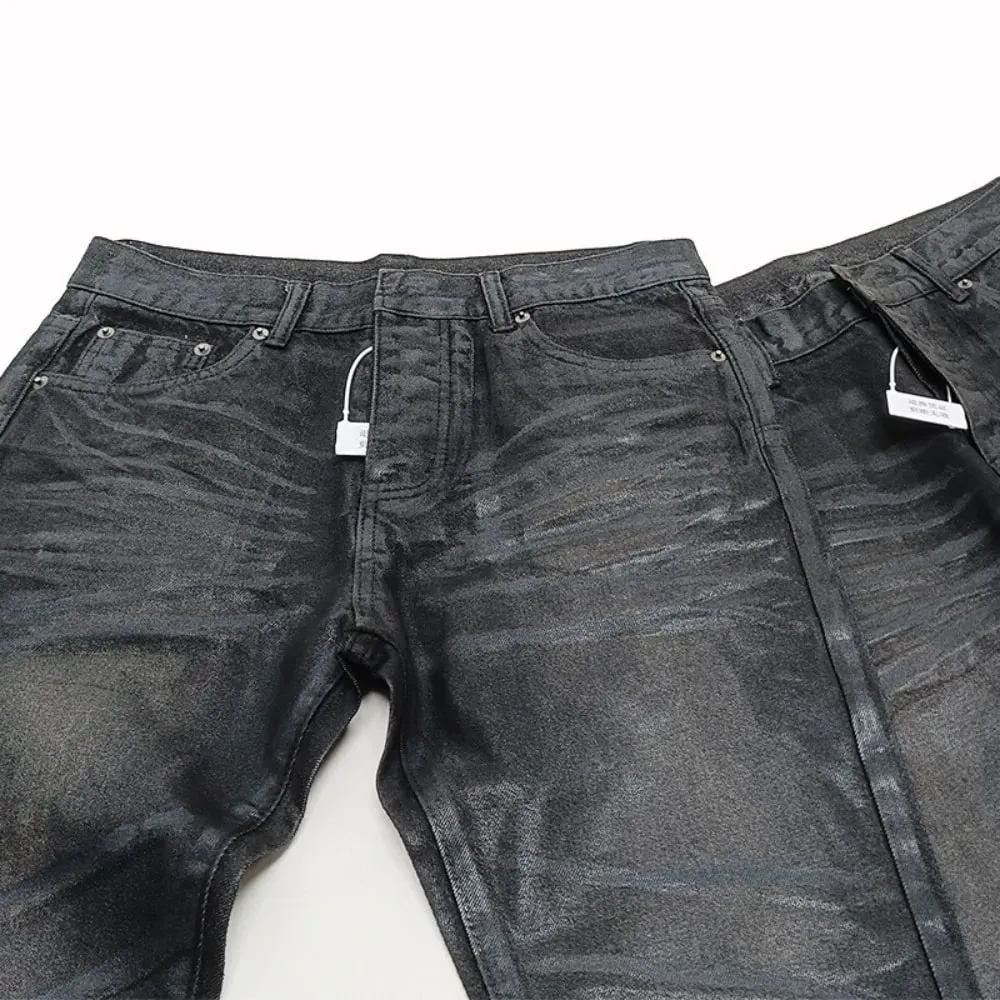 High Street Black Glue Wax Pants Women's Slim Fit Straight Leg Cat Whisker Jeans Streetwear Casual Denim Pants Men Clothing