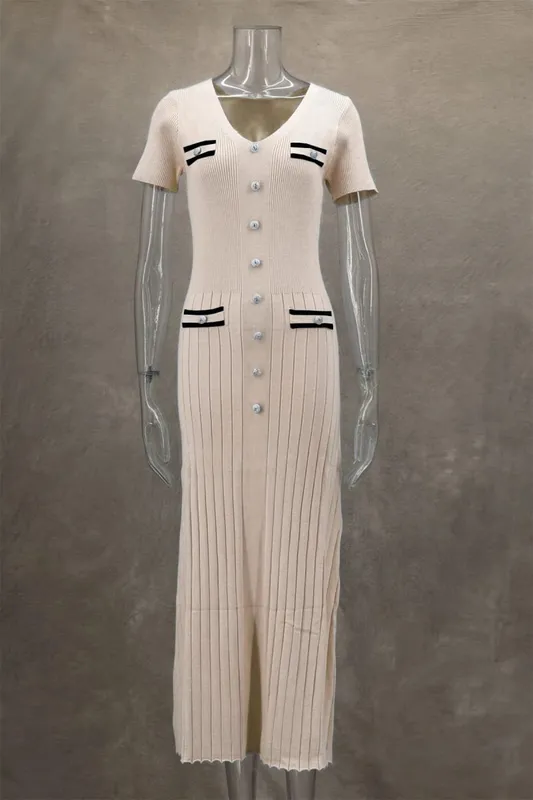 Elegant Knitted Maxi Dresses Bodycon Short Sleeve Ruffles Single Breasted 2025 New Dress Casual Communte Streetwear Vestidos